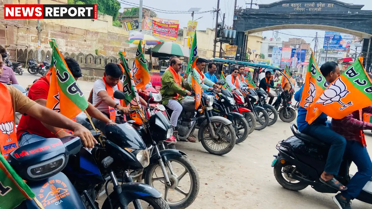 वाराणसी के रामनगर में प्रधानमंत्री मोदी की जनसभा से पूर्व भाजपा ने निकाली विशाल बाइक रैली, कार्यकर्ताओं में दिखा उत्साह।