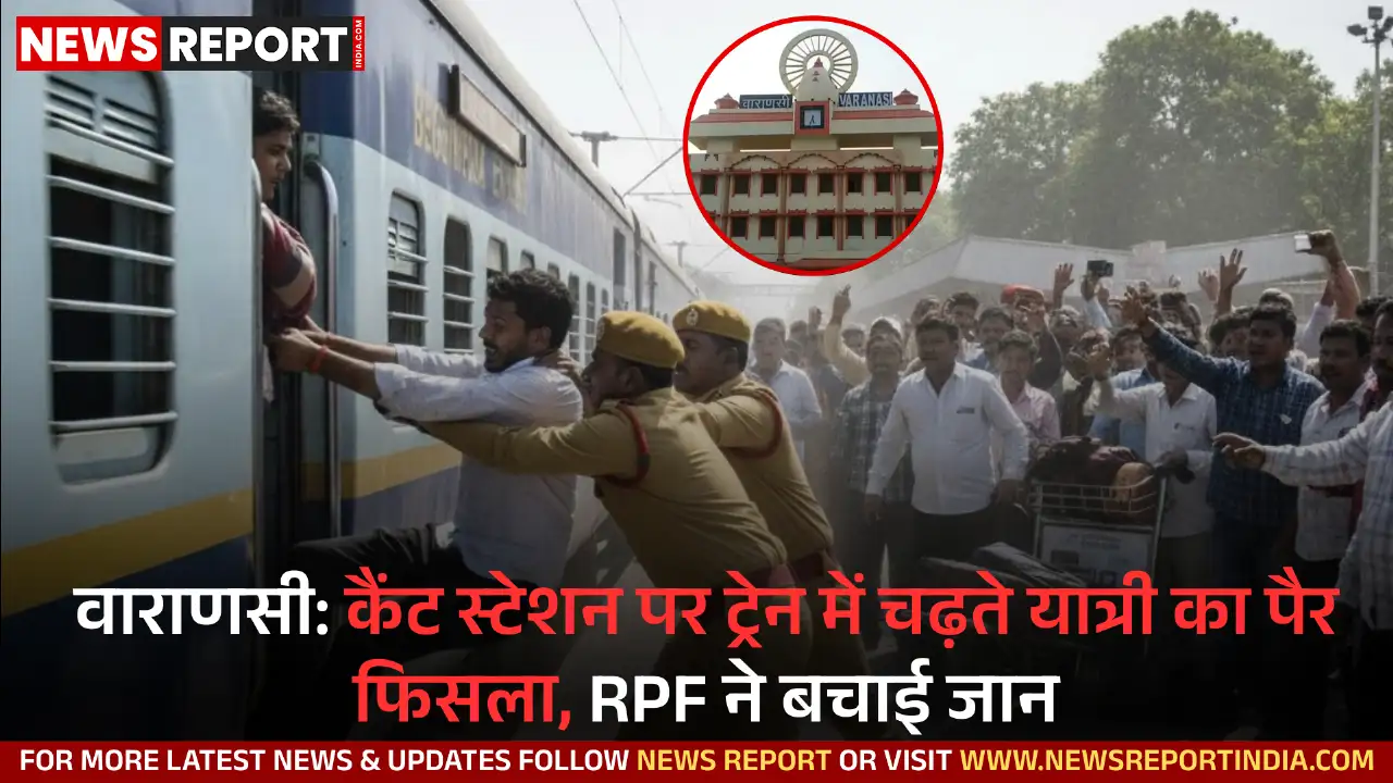 वाराणसी: कैंट स्टेशन पर ट्रेन में चढ़ते यात्री का पैर फिसला, RPF ने बचाई जान वाराणसी: कैंट स्टेशन पर ट्रेन में चढ़ते यात्री का पैर फिसला, RPF ने बचाई जान