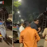 मुंबई जुहू में अक्षय कुमार के काफिले की एस्कॉर्ट कार सड़क हादसे के बाद क्षतिग्रस्त वाहन