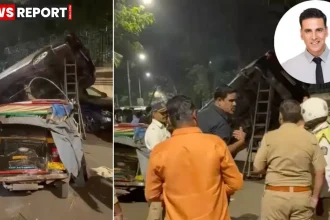 मुंबई जुहू में अक्षय कुमार के काफिले की एस्कॉर्ट कार सड़क हादसे के बाद क्षतिग्रस्त वाहन
