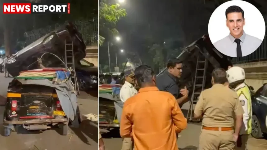 मुंबई जुहू में अक्षय कुमार के काफिले की एस्कॉर्ट कार सड़क हादसे के बाद क्षतिग्रस्त वाहन