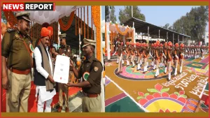 आजमगढ़ पुलिस लाइन में 77वें गणतंत्र दिवस पर ध्वजारोहण के बाद परेड की सलामी लेते अतिथि