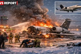 बैंगोर इंटरनेशनल एयरपोर्ट पर टेकऑफ के दौरान बॉम्बार्डियर चैलेंजर 600 क्रैश के बाद धुआं