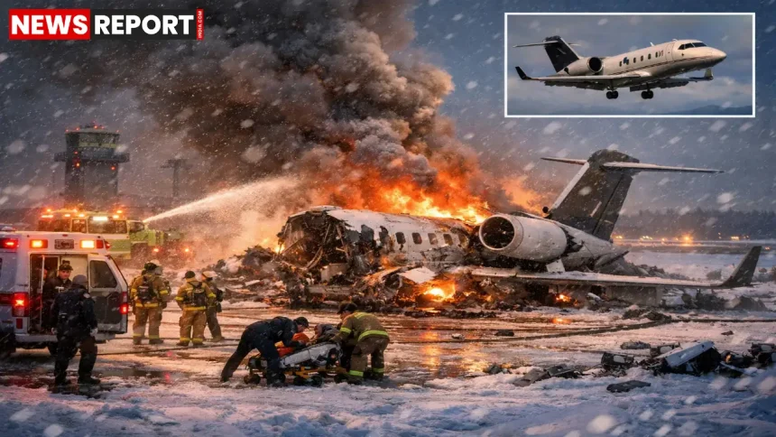 बैंगोर इंटरनेशनल एयरपोर्ट पर टेकऑफ के दौरान बॉम्बार्डियर चैलेंजर 600 क्रैश के बाद धुआं