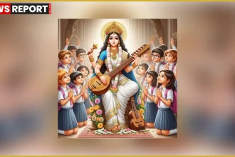 वसंत पंचमी पर सरस्वती पूजा करते विद्यार्थी, पीले वस्त्र और किताबें