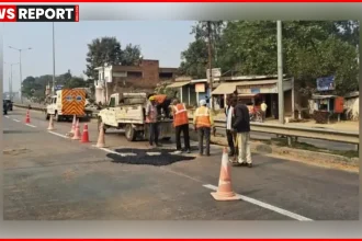 लखनऊ-वाराणसी राष्ट्रीय राजमार्ग पर भदैंया के पास गड्ढों की मरम्मत कार्य