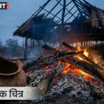 सोनभद्र के कचनरवा गांव में अलाव की चिंगारी से फूस की झोपड़ी में लगी आग का प्रतीकात्मक दृश्य