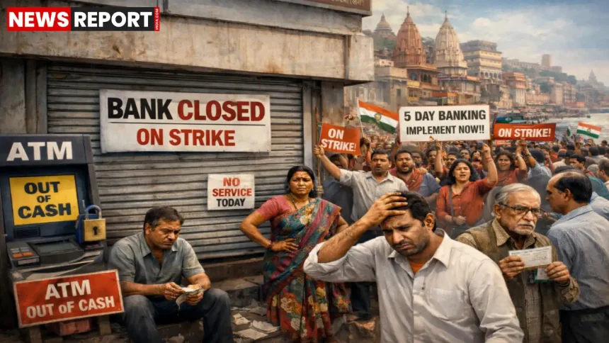 वाराणसी में बैंक हड़ताल के दौरान बंद बैंक शाखा के बाहर खड़े ग्राहक