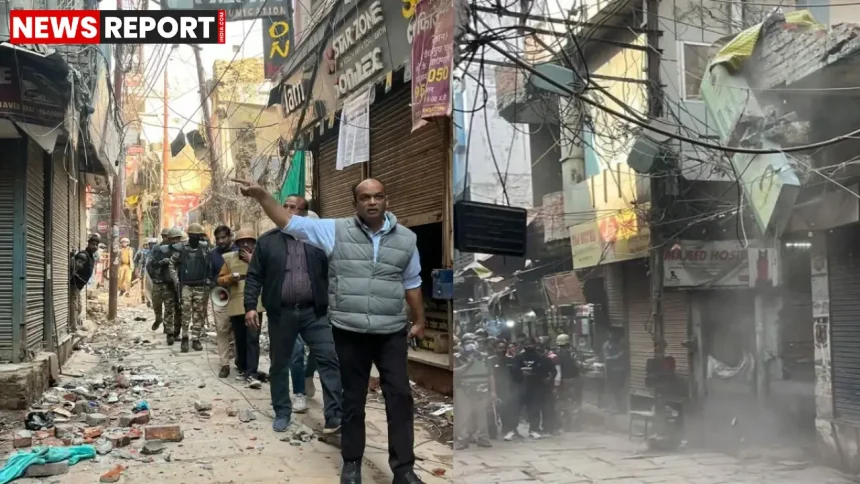 वाराणसी के दालमंडी में चौड़ीकरण परियोजना के तहत भारी सुरक्षा में तोड़फोड़ कार्रवाई