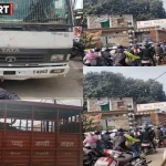 वाराणसी रामनगर में सामने घाट पुल के हाइट गेज में फंसा नगर निगम का पशु बंदी वाहन और जाम