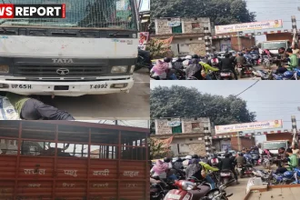 वाराणसी रामनगर में सामने घाट पुल के हाइट गेज में फंसा नगर निगम का पशु बंदी वाहन और जाम