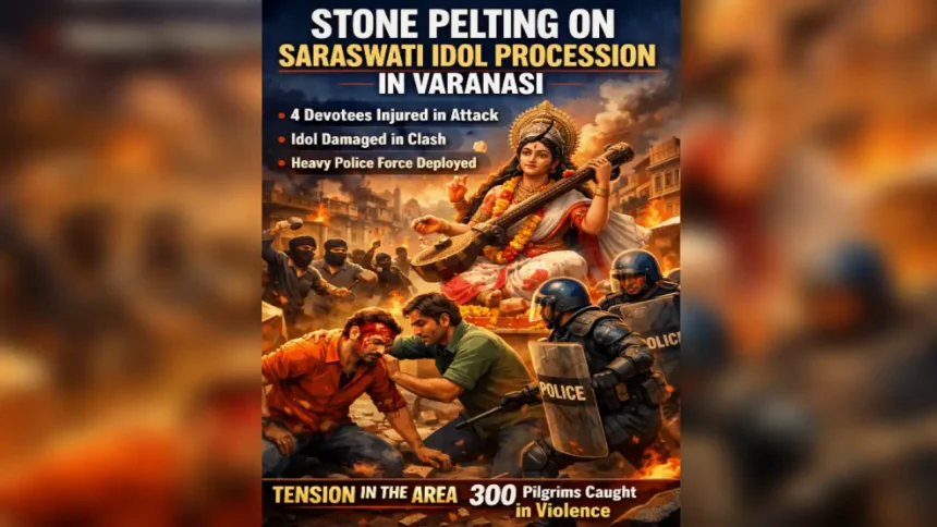 varanasi saraswati idol procession stone pelting injured tension 1769586587