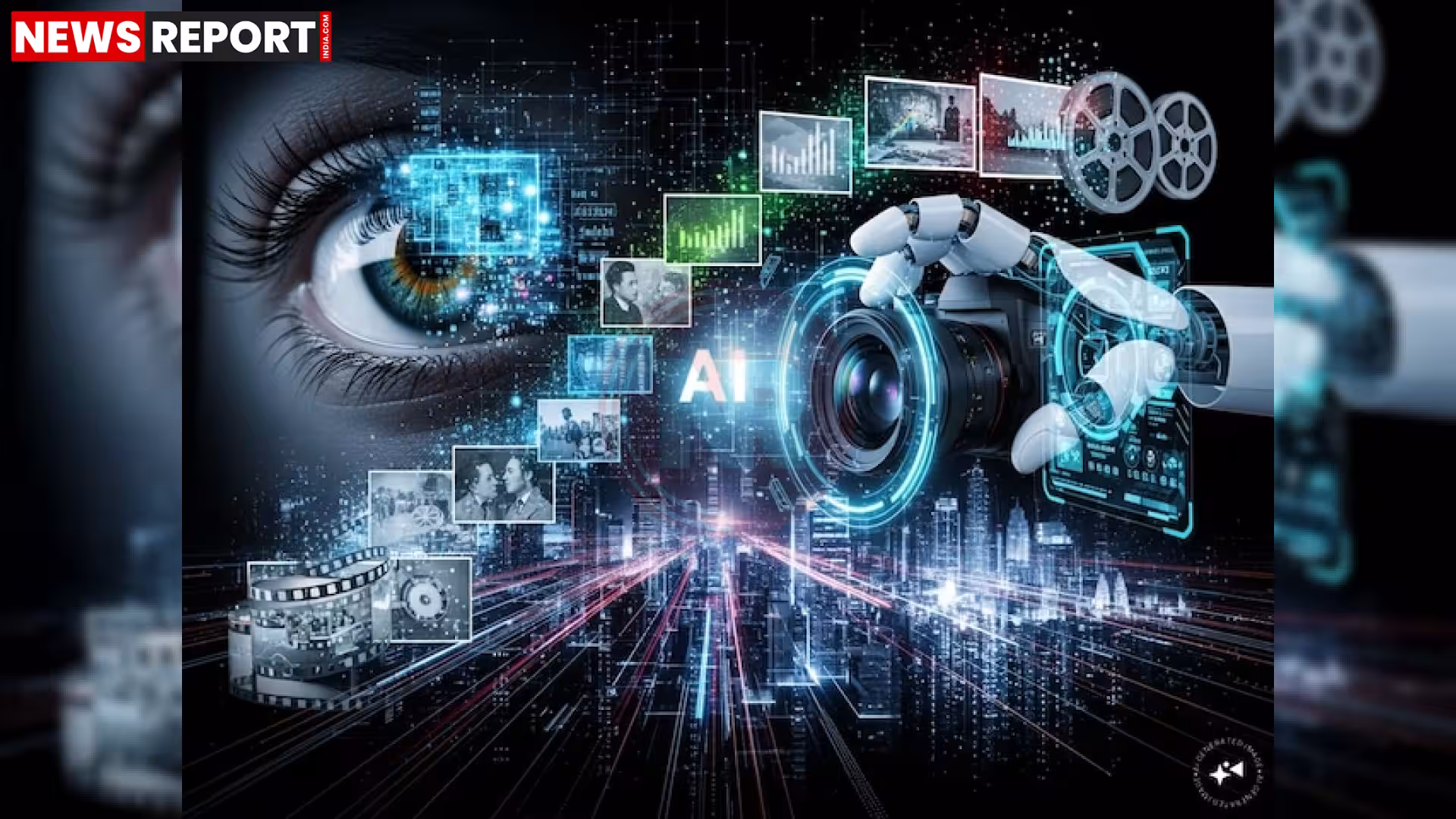 एक स्मार्टफोन पर AI जनित सामग्री का लेबल और डिजिटल सुरक्षा को दर्शाती तस्वीर