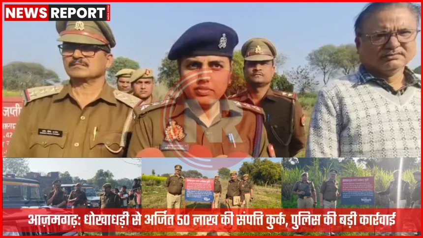 आज़मगढ़ में धोखाधड़ी से अर्जित संपत्ति पर पुलिस कार्रवाई, जिसमें कुर्क की गई भूमि को दर्शाया गया है।