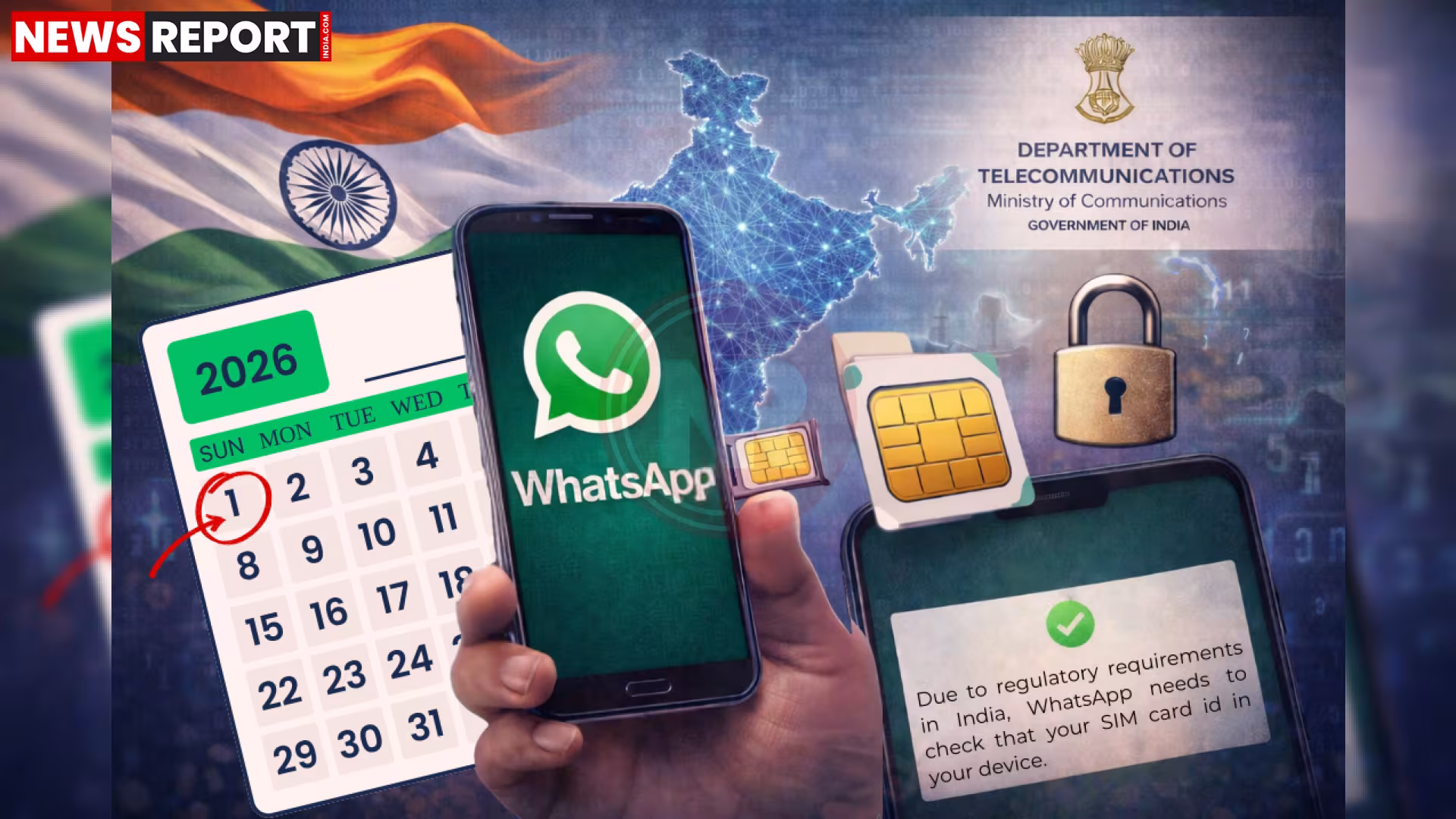 एक व्यक्ति स्मार्टफोन पर मैसेजिंग ऐप चला रहा है, जिसमें सिम कार्ड और साइबर सुरक्षा का प्रतीक दिख रहा है।