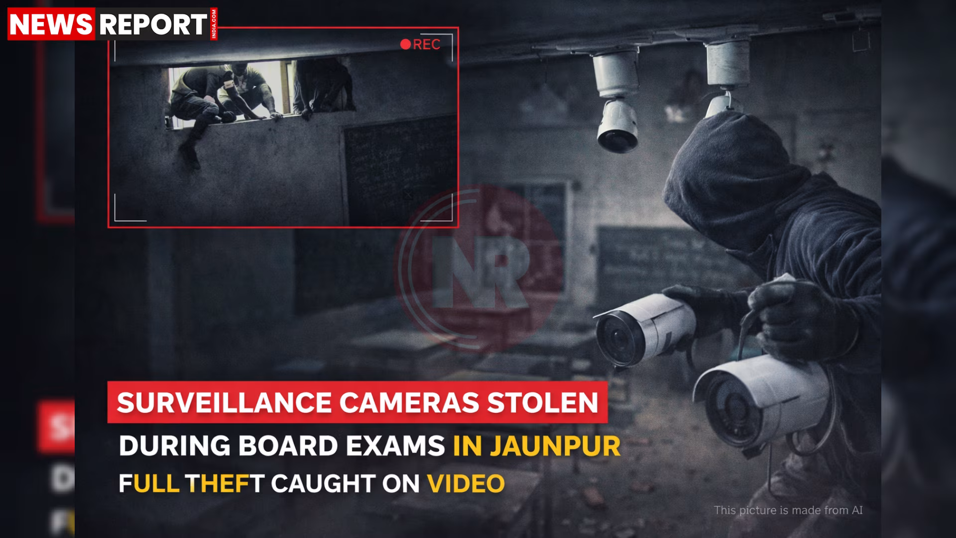 जौनपुर के होरिल राव इंटर कॉलेज में चोरी हुए सीसीटीवी कैमरे और टूटे रोशनदान की जांच करती पुलिस।