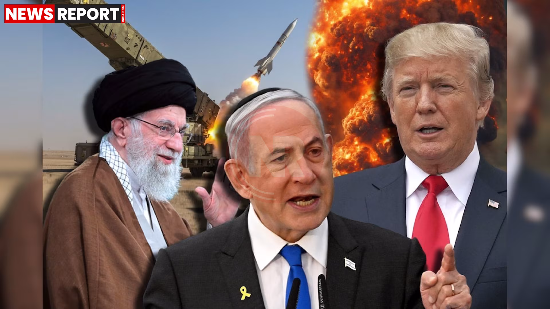 पश्चिम एशिया के नक्शे पर सैन्य टकराव दर्शाते हुए, मिसाइलें और धुएं के गुबार