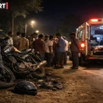 मिर्जापुर सड़क हादसे में क्षतिग्रस्त बाइक और घटनास्थल