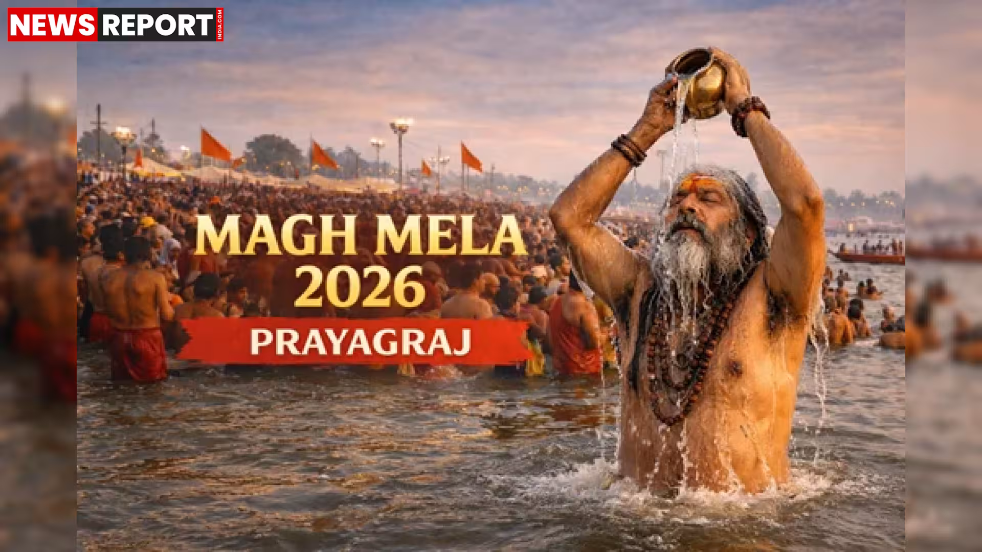 प्रयागराज के त्रिवेणी संगम तट पर माघ मेले के दौरान महाशिवरात्रि के दिन पवित्र स्नान करते हुए लाखों श्रद्धालु।