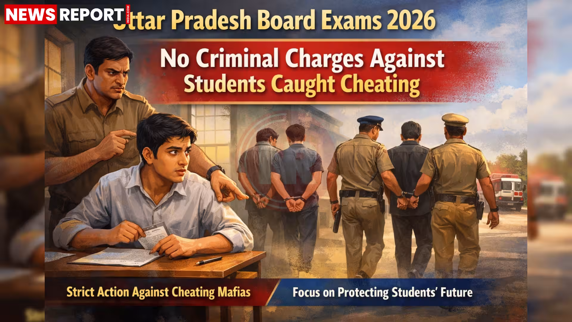 यूपी बोर्ड परीक्षा हॉल में परीक्षा देते छात्र, नए नियमों की घोषणा करते हुए