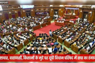 उत्तर प्रदेश विधान परिषद में सपा सदस्य नारेबाजी करते हुए या सदन से बहिर्गमन करते हुए।