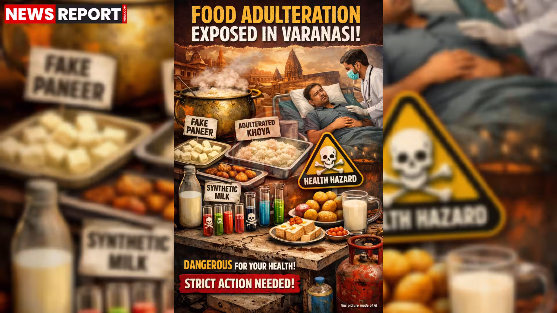 वाराणसी में मिलावटी खोया और मिठाइयों का ढेर, पीछे खाद्य सुरक्षा अधिकारी जांच करते हुए।