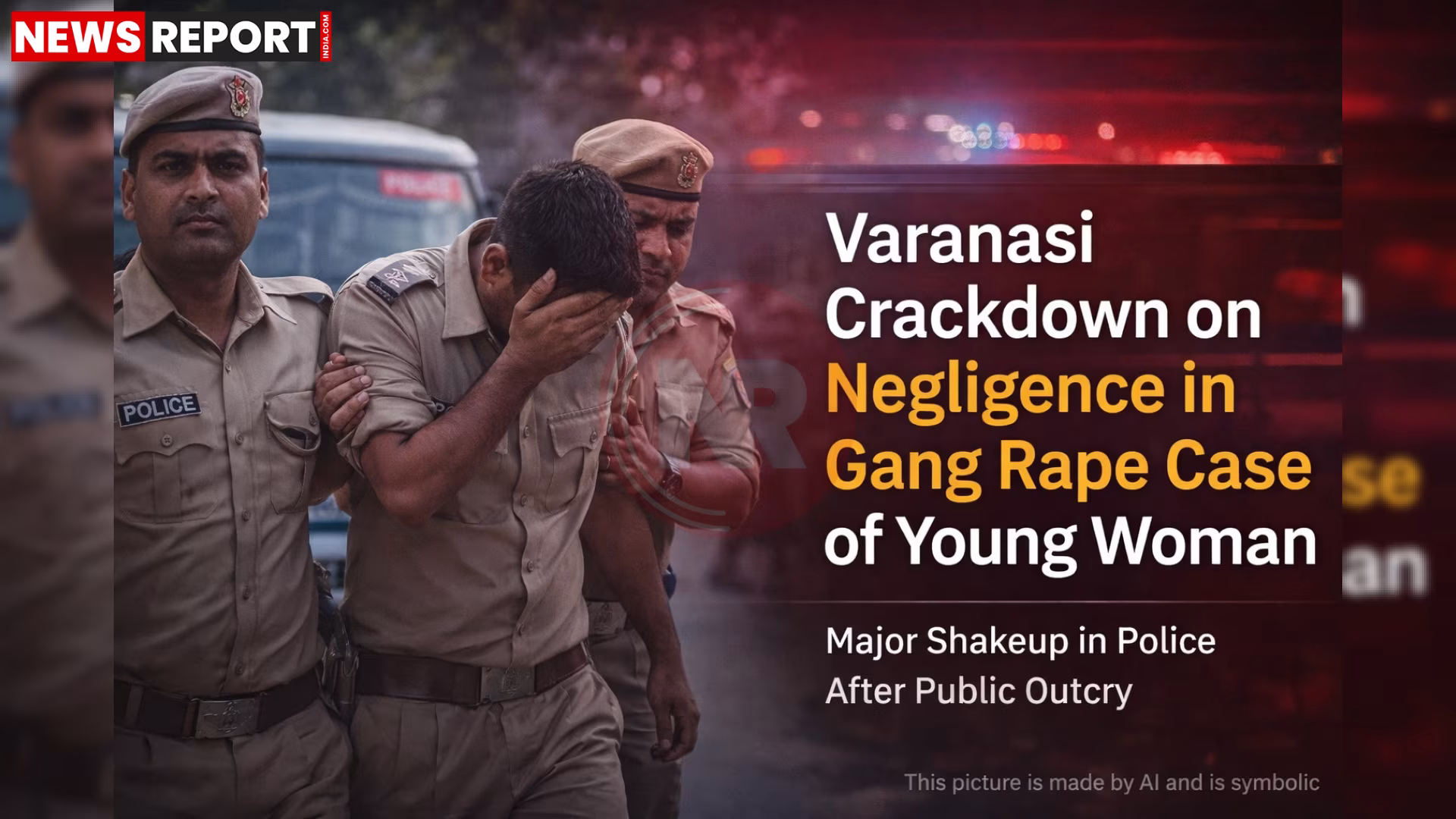 वाराणसी पुलिस कमिश्नरेट कार्यालय के बाहर पुलिस अधिकारी और पुलिस बल, जिस पर 'महिला सुरक्षा' या 'न्याय' लिखा हो।