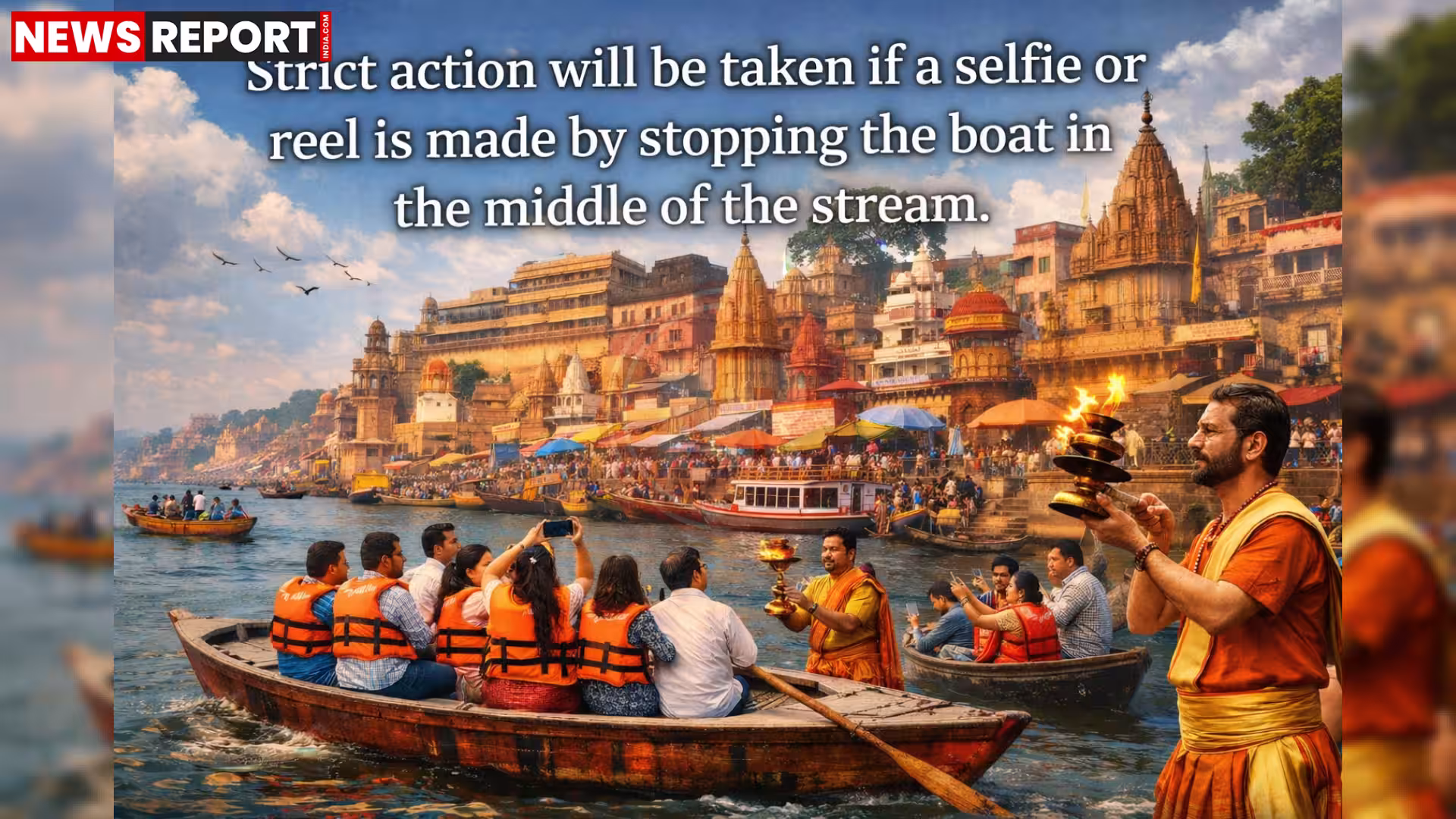 वाराणसी में गंगा नदी में नाव पर सेल्फी लेते पर्यटक, पीछे जल पुलिस की नाव या चेतावनी बोर्ड।