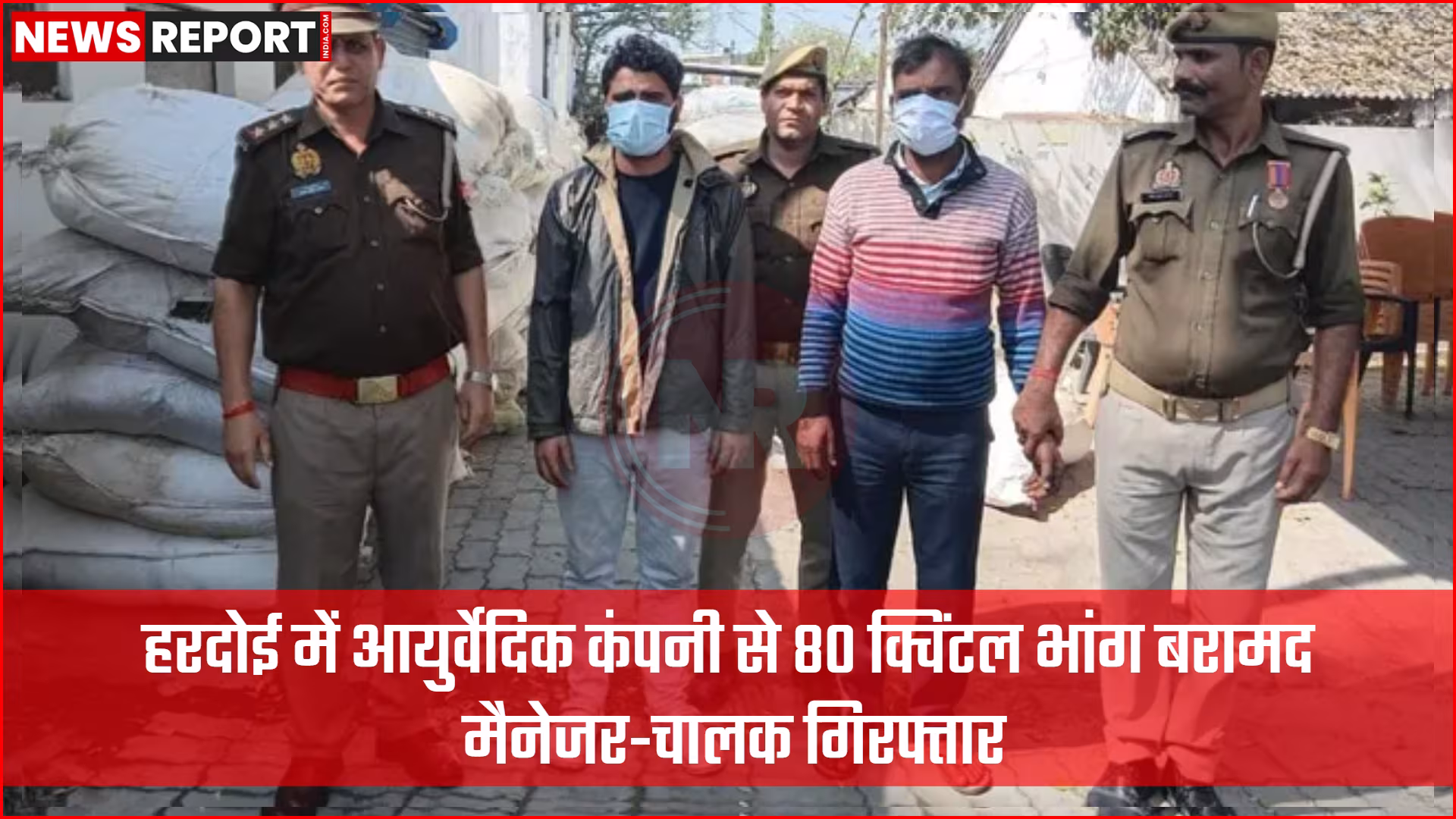 हरदोई में ओम आयुर्वेदिक कंपनी से भारी मात्रा में भांग बरामद करते पुलिसकर्मी और जब्त की गई भांग की बोरियां।