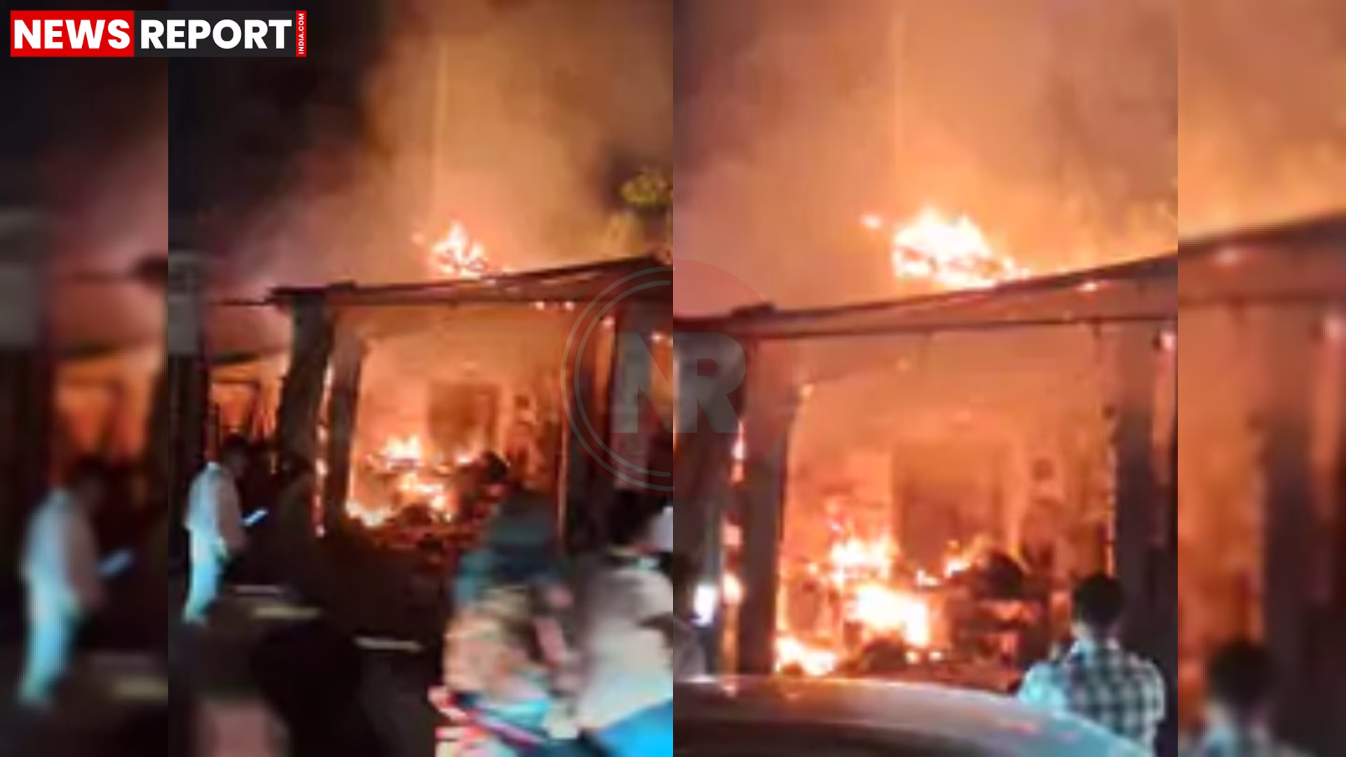 वाराणसी के मलदहिया में जलते कृषि उपकरण गोदाम की तस्वीर