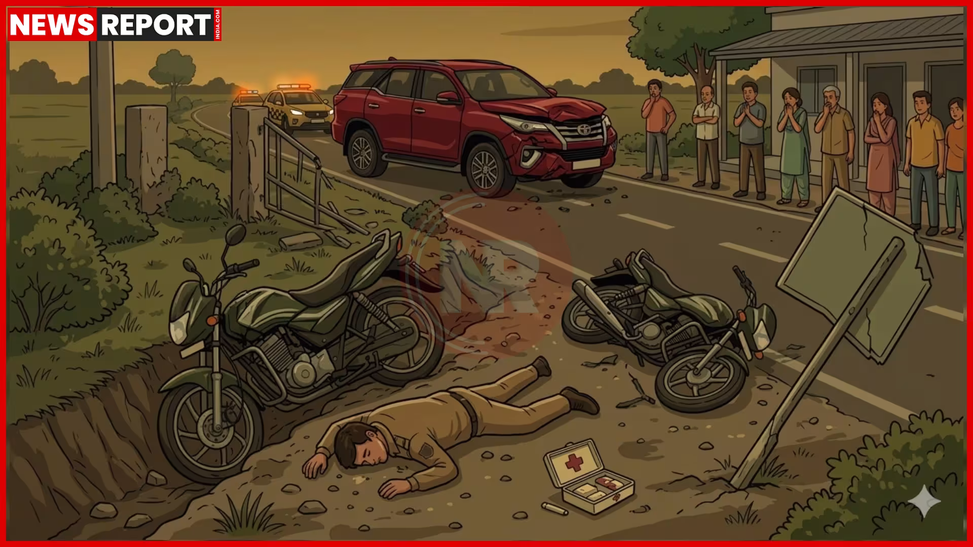 मेरठ सड़क हादसे में क्षतिग्रस्त बाइक और मौके पर पुलिस