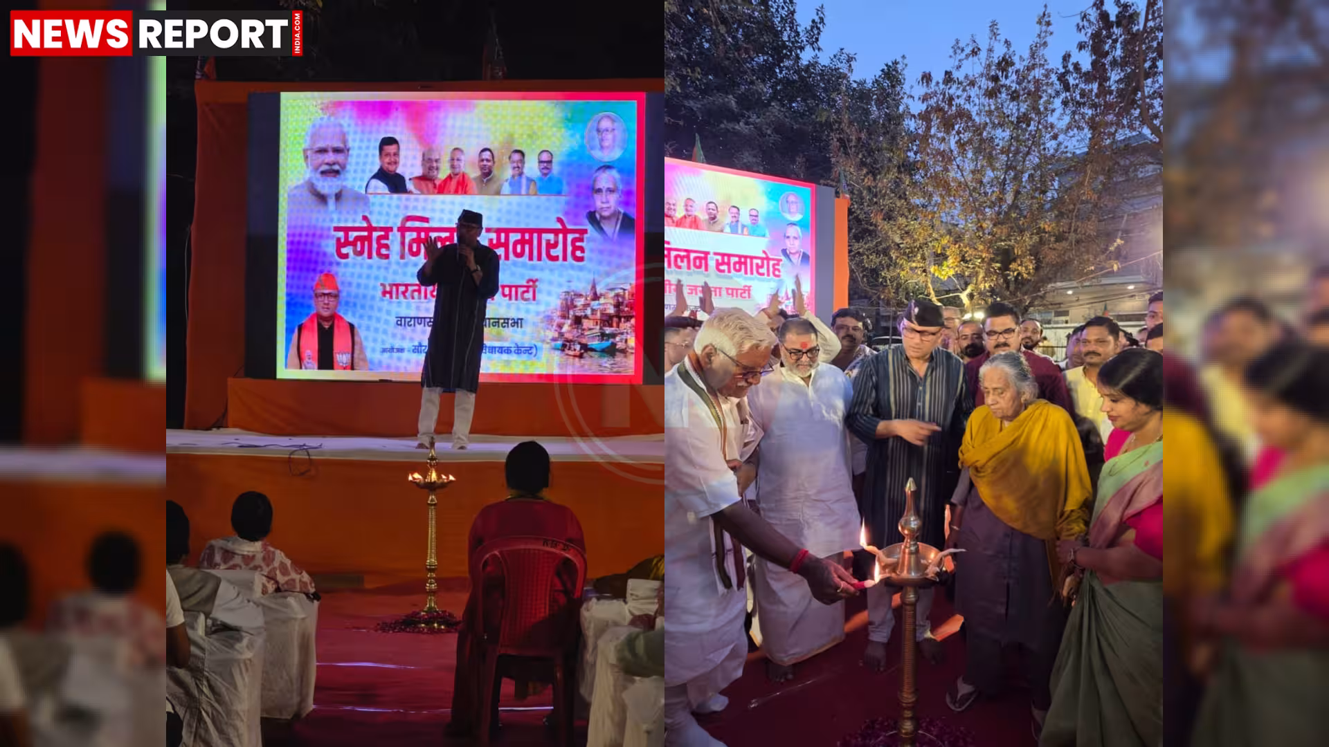 वाराणसी कैंट में विधायक सौरभ श्रीवास्तव के होली स्नेह मिलन समारोह में लोग एक-दूसरे को गुलाल लगाते हुए।