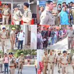 वाराणसी में पुलिस अधिकारी परीक्षा केंद्र का निरीक्षण करते हुए