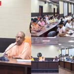 योगी आदित्यनाथ वाराणसी में बैठक करते हुए प्रधानमंत्री के दौरे की समीक्षा कर रहे हैं।