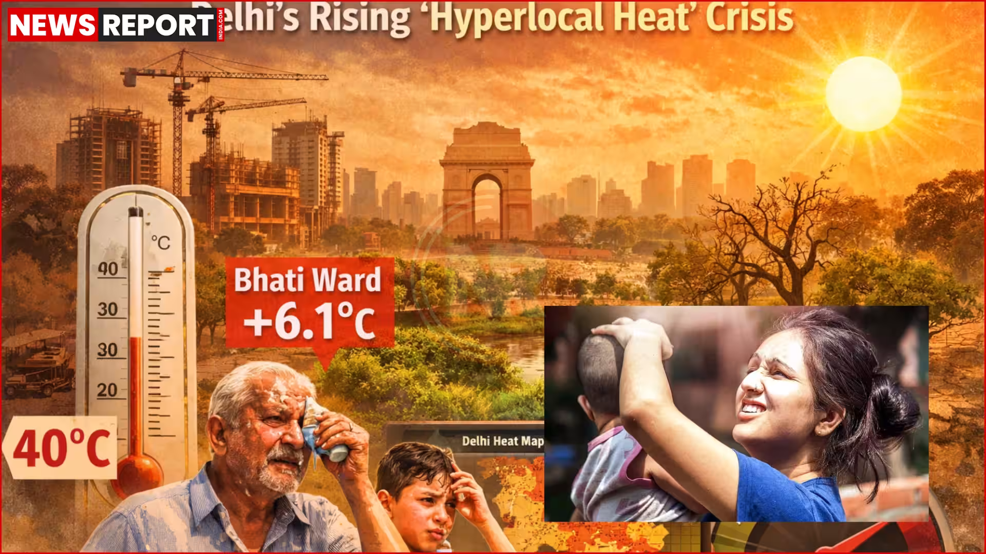 दिल्ली में बढ़ती गर्मी, शहर के ऊपर से तापमान मापते हुए उपग्रह का दृश्य।