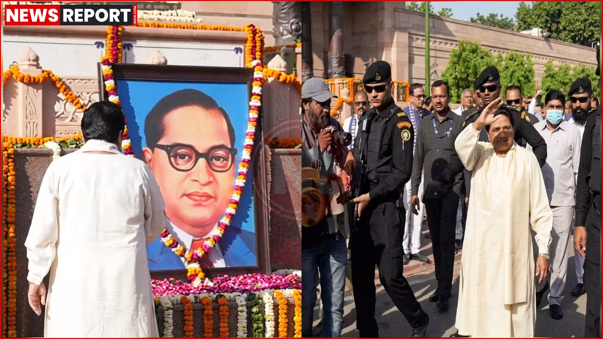लखनऊ में डॉ. भीमराव आंबेडकर की प्रतिमा पर माल्यार्पण करती मायावती।