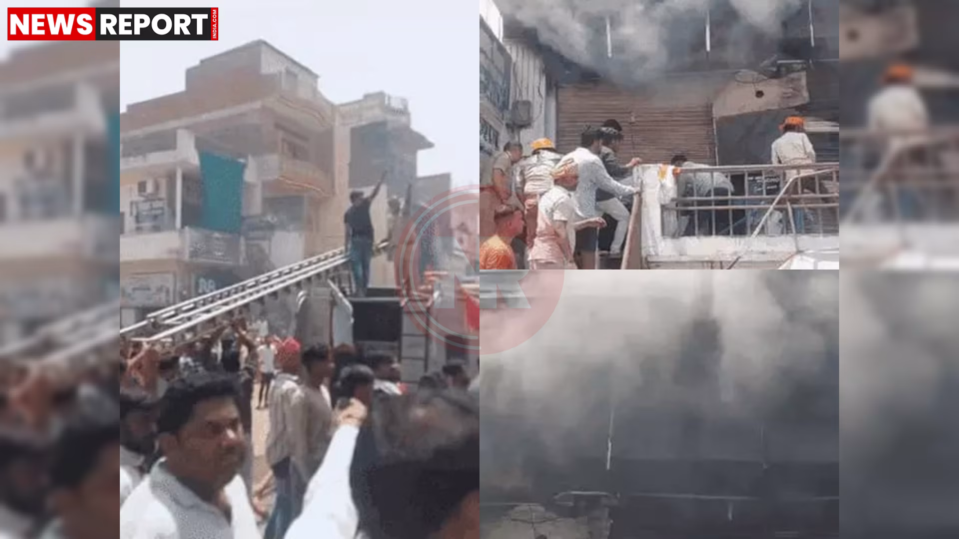 वाराणसी के राजातालाब में जलते कपड़े और कोल्डड्रिंक के गोदाम की तस्वीर