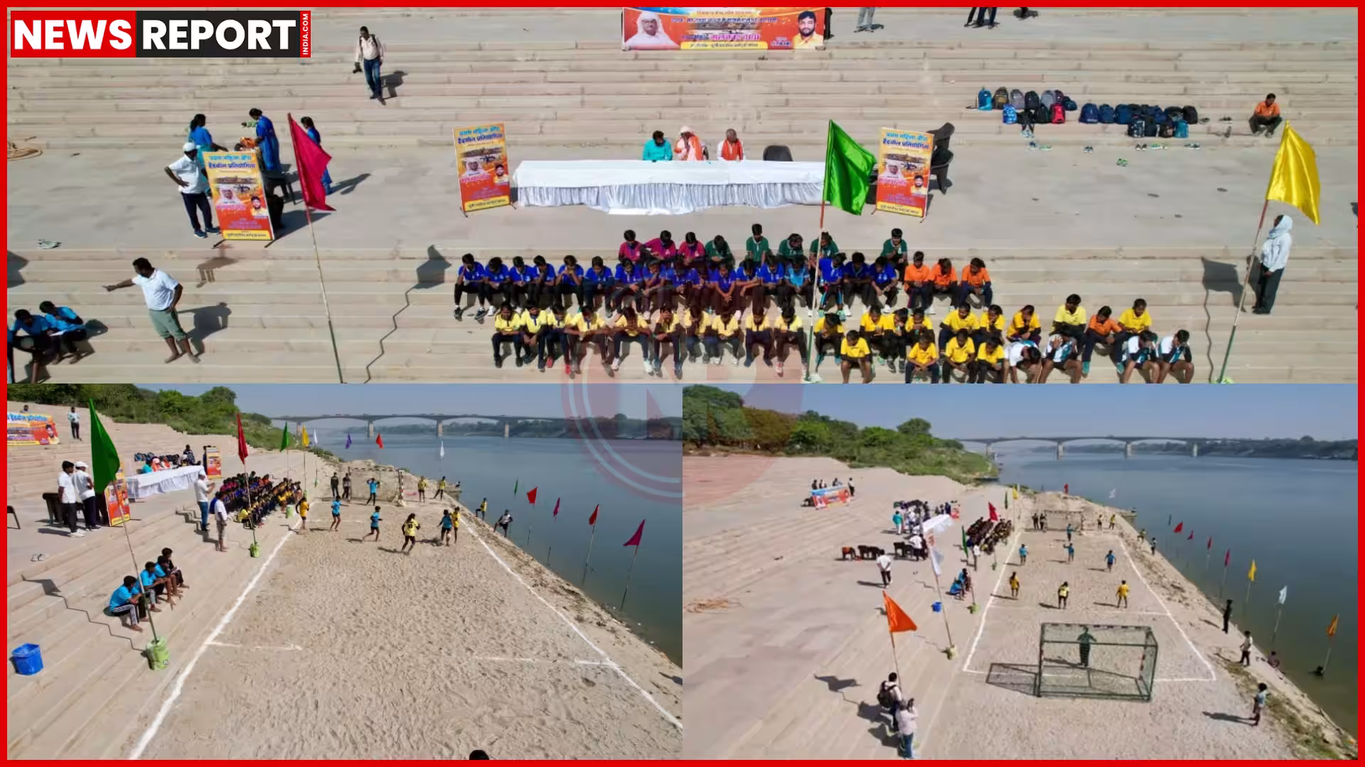 वाराणसी में प्रथम महिला बीच हैंडबॉल प्रतियोगिता के दौरान खेलती महिला खिलाड़ी