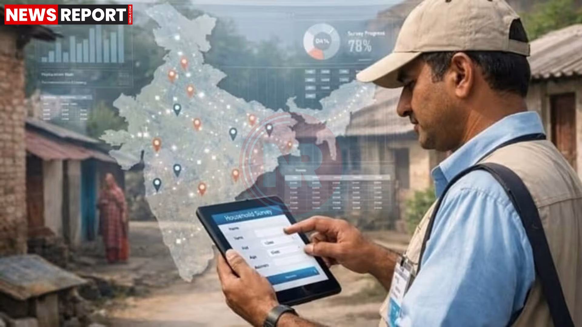 एक व्यक्ति लैपटॉप पर भारत की डिजिटल जनगणना पोर्टल में अपनी जानकारी दर्ज कर रहा है, साथ में मोबाइल और परिवार के सदस्य भी हैं।