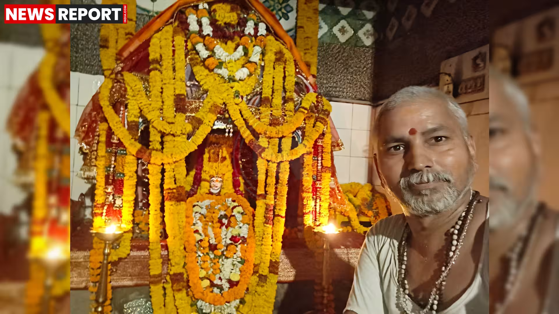 रामनगर स्थित मां मनसा देवी मंदिर का बाहरी दृश्य, जिसमें श्रद्धालु और मुख्य पुजारी पंडित सुधाकर मिश्र दिखाई दे रहे हैं।