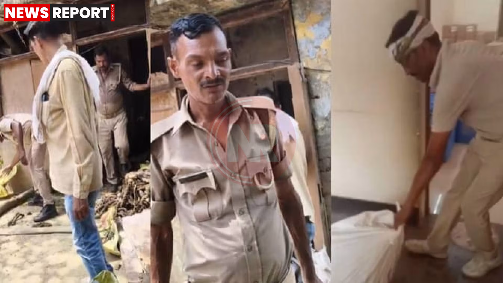 सुल्तानपुर अग्निशमन केंद्र में वर्दी पहने होमगार्ड जवान झाड़ू लगाते या सामान उठाते हुए