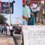 सपा कार्यकर्ता अखिलेश यादव के आपत्तिजनक पोस्टरों के खिलाफ विरोध प्रदर्शन करते हुए।