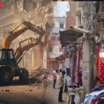 वाराणसी की दालमंडी में सड़क चौड़ीकरण के लिए जर्जर भवनों को तोड़ते मजदूर और PWD अधिकारी, पुलिस बल तैनात।