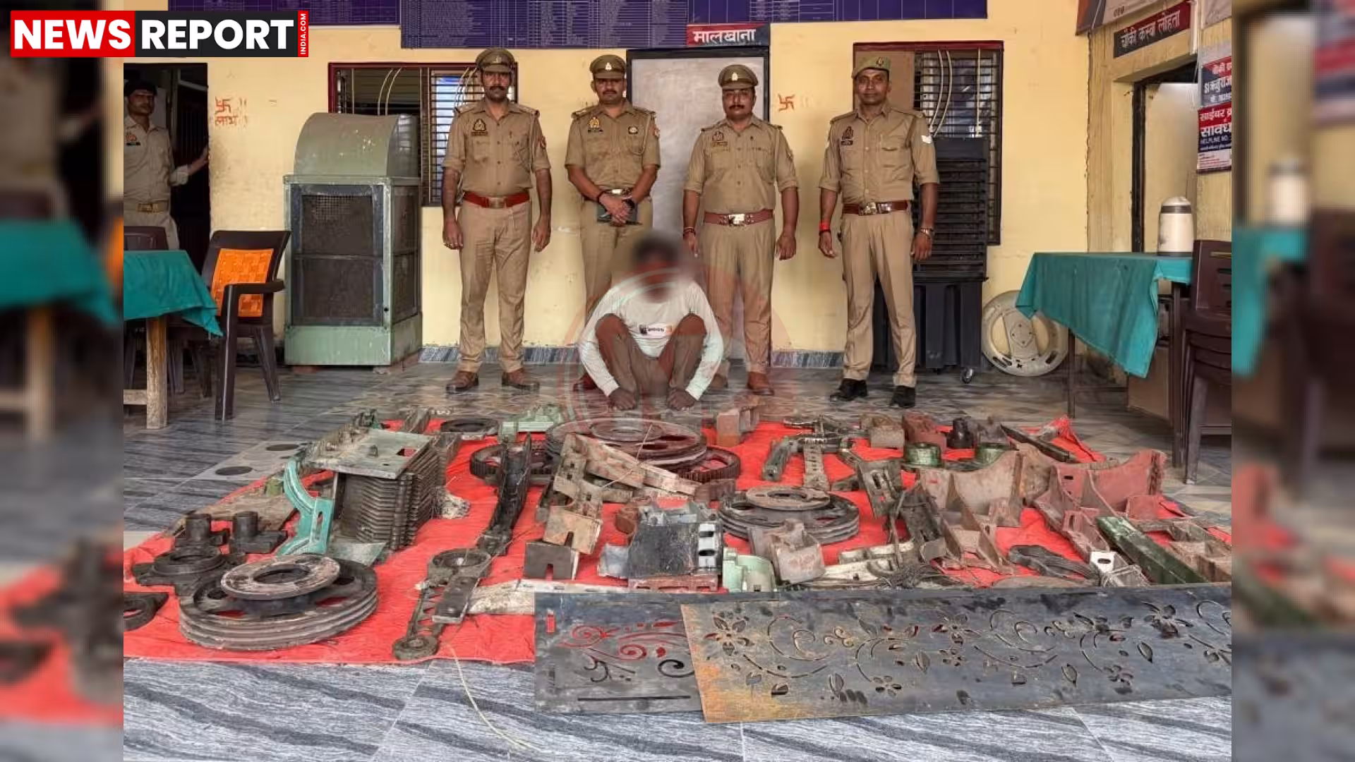 वाराणसी लोहता पुलिस द्वारा बरामद किए गए चोरी के मशीन पार्ट्स और गिरफ्तार आरोपी