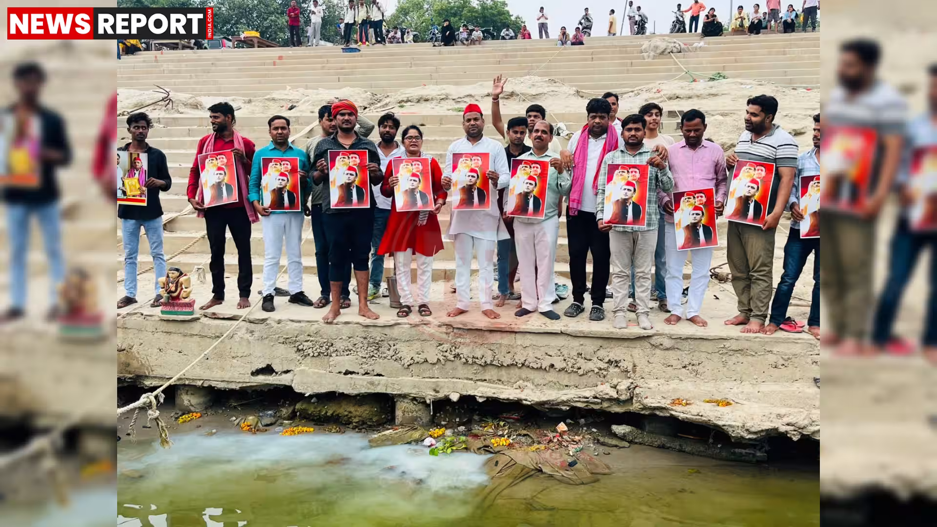 वाराणसी में मां गंगा का दूध से अभिषेक करते समाजवादी कार्यकर्ता और दूध वितरण
