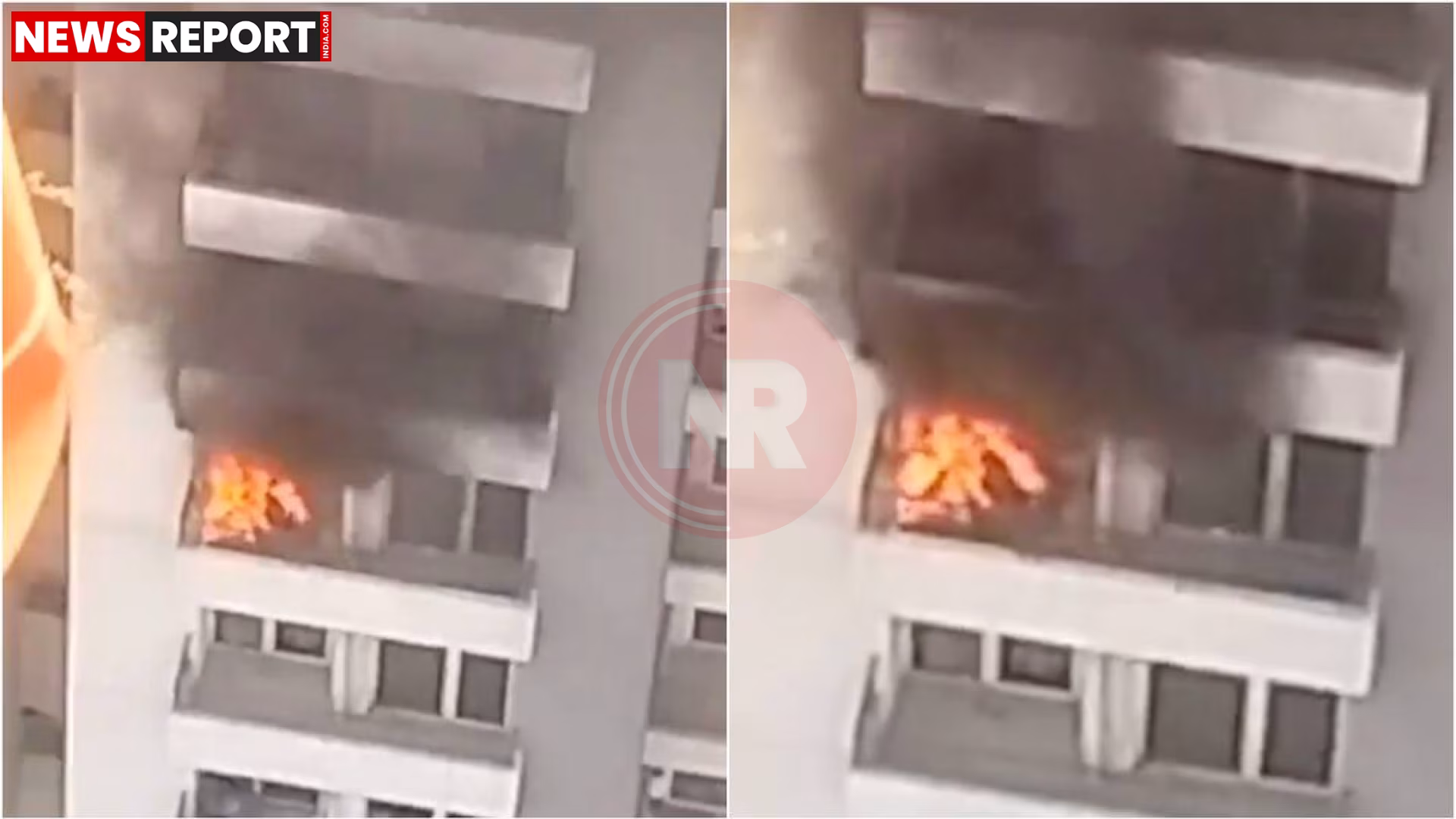 नोएडा की आईवीवाई काउंटी सोसाइटी में ऊंची मंजिल से आग की लपटें और घना धुआं निकलता हुआ