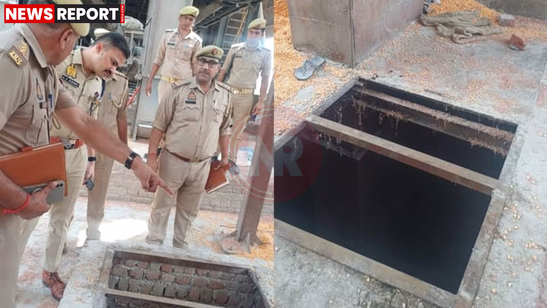 संभल के बहजोई स्थित राइस मिल में हुए हादसे की जगह, जहां पुलिस और बचावकर्मी मौजूद हैं।