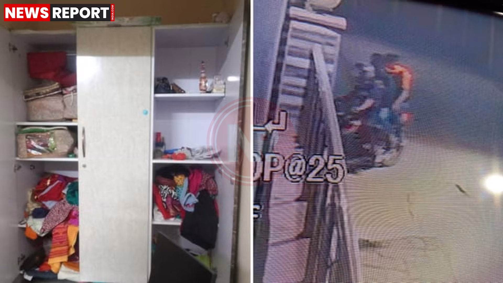 एक टूटे हुए ताले और अस्त-व्यस्त सामान के साथ घर का दृश्य, जो वाराणसी में हुई चोरी को दर्शाता है।