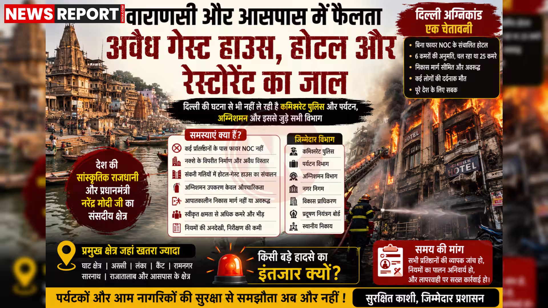 वाराणसी में एक अवैध रूप से संचालित होटल या गेस्ट हाउस का बाहरी दृश्य, जिसमें सुरक्षा मानकों की कमी दिख रही है।