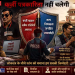 एक बुलडोजर फर्जी पत्रकारों और गलत सूचना के ढेर को हटाते हुए, पृष्ठभूमि में एक अख़बार और कैमरा।